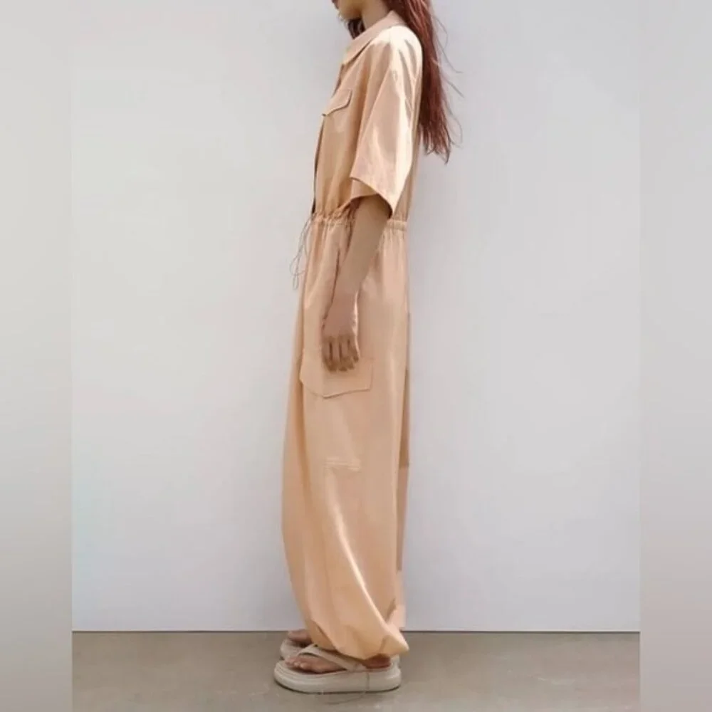 NWT ZARA Shirt-Style CARGO Full Length Oversized Jumpsuit COTTON 7901/216 Sz M&L